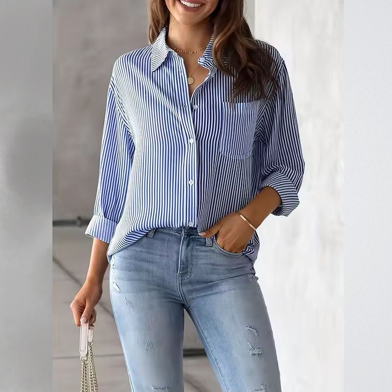 Women's Striped Relaxed Button-Up Pocket Shirt in Apricot - additional view 7 | Hensley London