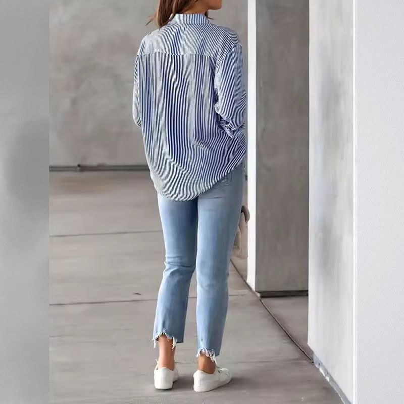 Women's Striped Relaxed Button-Up Pocket Shirt in Apricot - additional view 9 | Hensley London