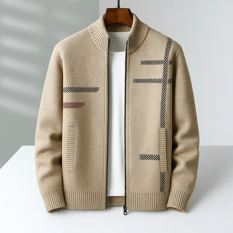 Men's Cashmere Geometric Zip-Up Cardigan in Brown – product view | Hensley London
