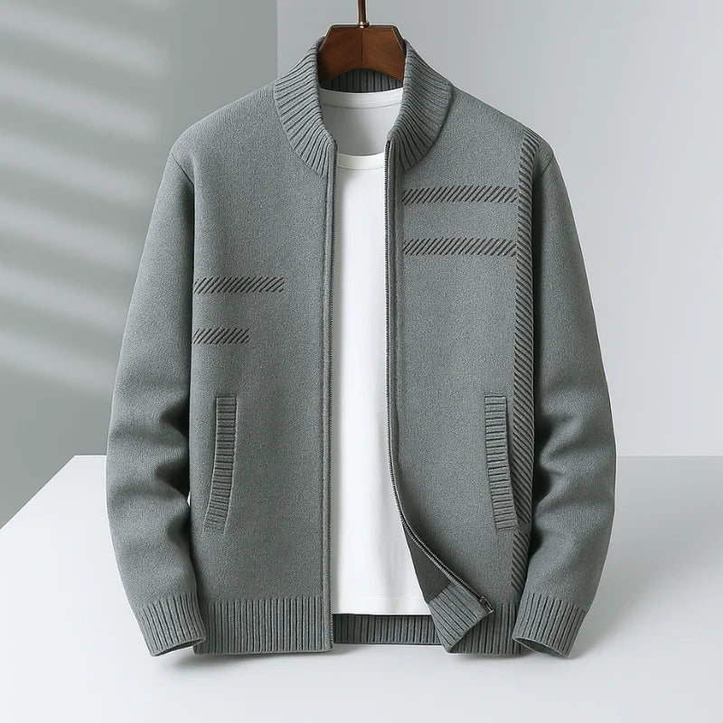 Men's Cashmere Geometric Zip-Up Cardigan in Gray – additional product view | Hensley London
