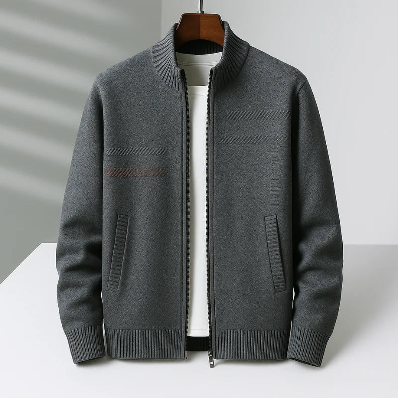 Men's Cashmere Geometric Zip-Up Cardigan in Charcoal – additional product view | Hensley London