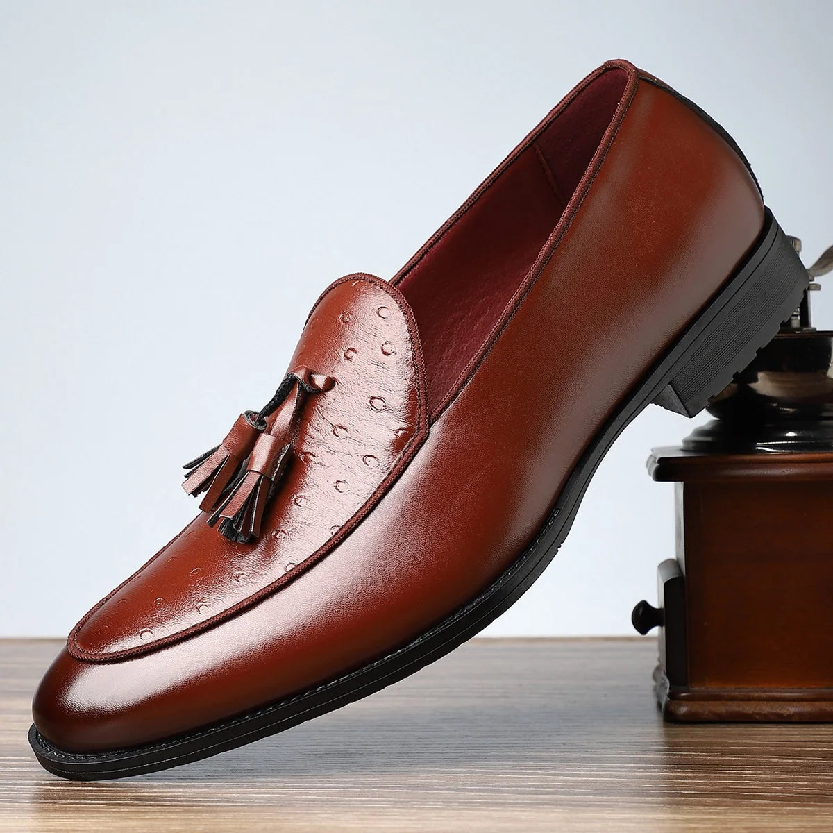Men's Textured Tassel Loafers in Dark Brown – product view | Hensley London