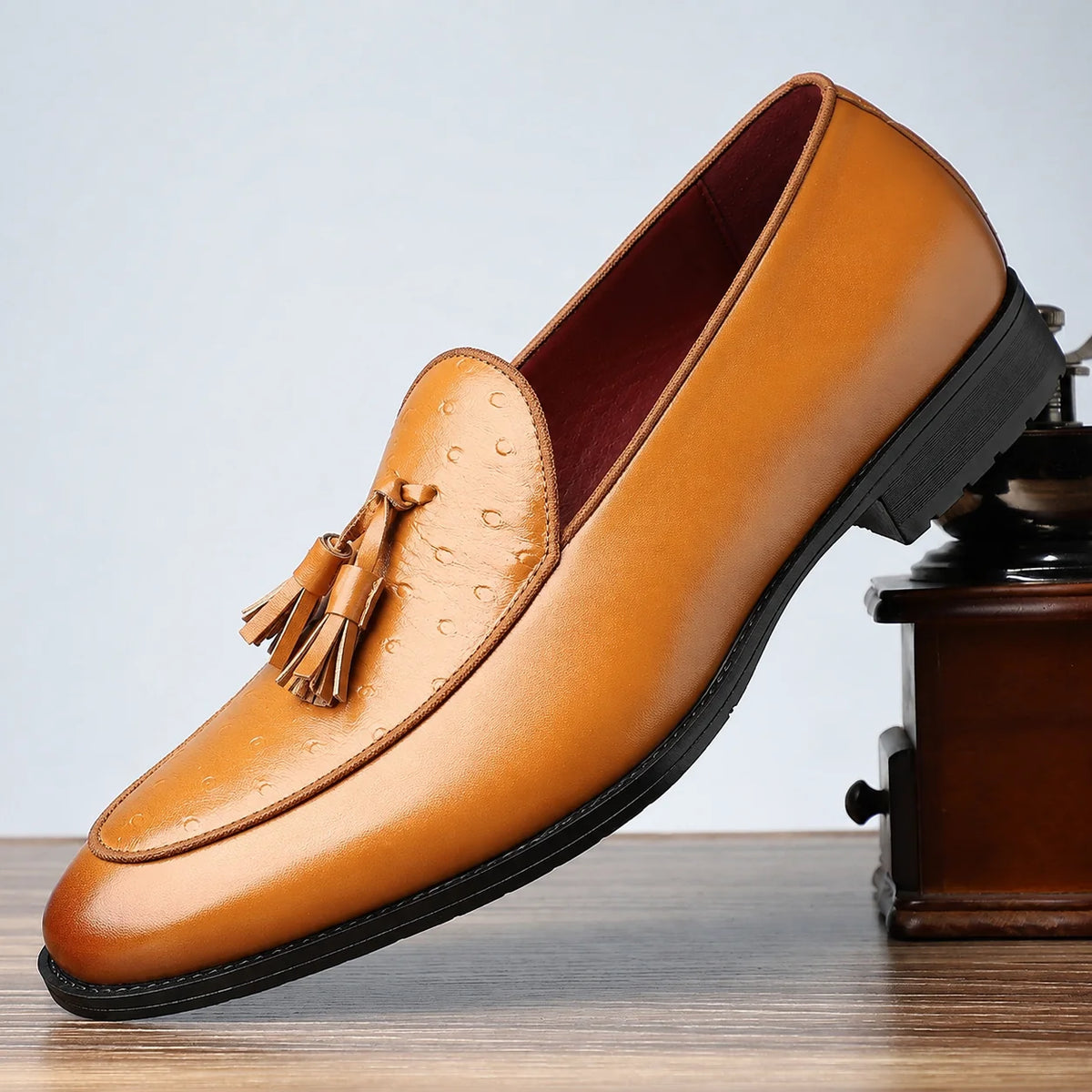 Men's Textured Tassel Loafers in Brown – product view | Hensley London