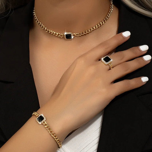 Cuban Square Diamond Jewelry Set – Necklace, Bracelet, and Ring with Adjustable Lengths in Black, White, or Red 0