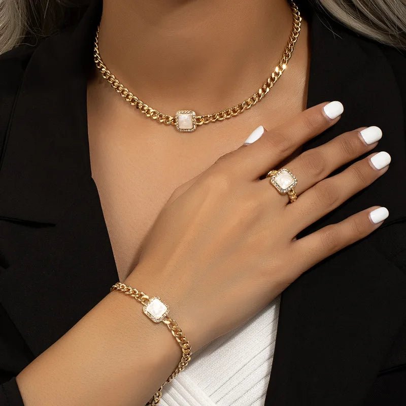 Cuban Square Diamond Jewelry Set – Necklace, Bracelet, and Ring with Adjustable Lengths in Black, White, or Red 1