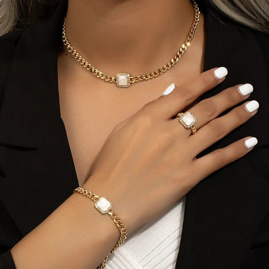 Cuban Square Diamond Jewelry Set – Necklace, Bracelet, and Ring with Adjustable Lengths in Black, White, or Red 1