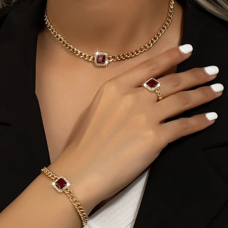 Cuban Square Diamond Jewelry Set – Necklace, Bracelet, and Ring with Adjustable Lengths in Black, White, or Red 2
