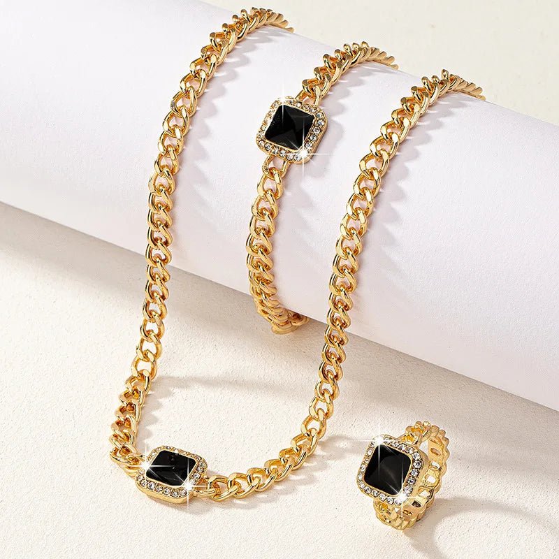 Cuban Square Diamond Jewelry Set – Necklace, Bracelet, and Ring with Adjustable Lengths in Black, White, or Red 3