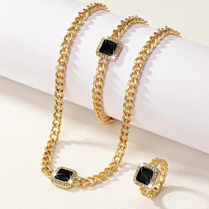 Cuban Square Diamond Jewelry Set – Necklace, Bracelet, and Ring with Adjustable Lengths in Black, White, or Red 3