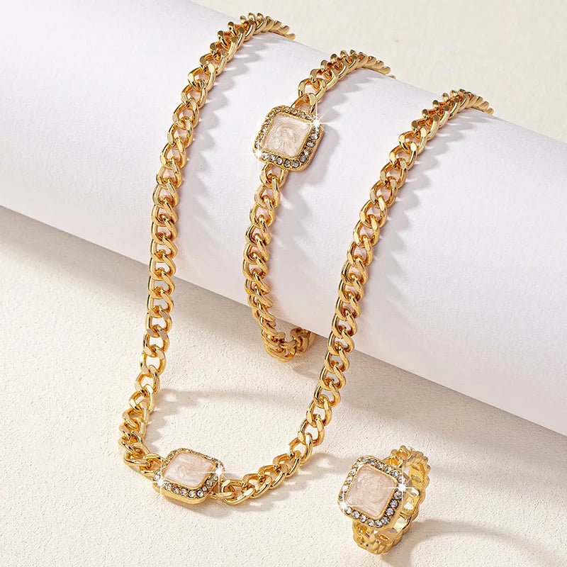 Cuban Square Diamond Jewelry Set – Necklace, Bracelet, and Ring with Adjustable Lengths in Black, White, or Red 4
