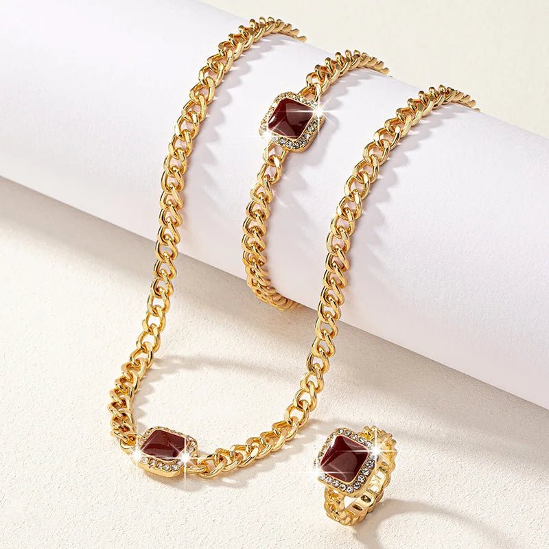 Cuban Square Diamond Jewelry Set – Necklace, Bracelet, and Ring with Adjustable Lengths in Black, White, or Red 5