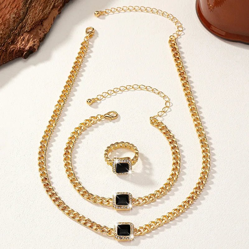 Cuban Square Diamond Jewelry Set – Necklace, Bracelet, and Ring with Adjustable Lengths in Black, White, or Red 6