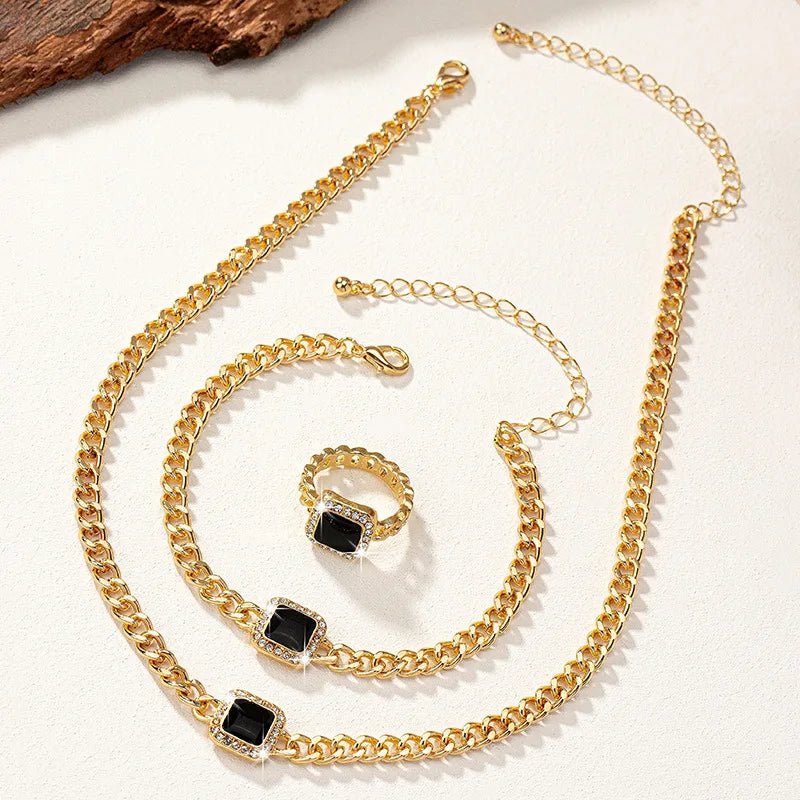 Cuban Square Diamond Jewelry Set – Necklace, Bracelet, and Ring with Adjustable Lengths in Black, White, or Red 7