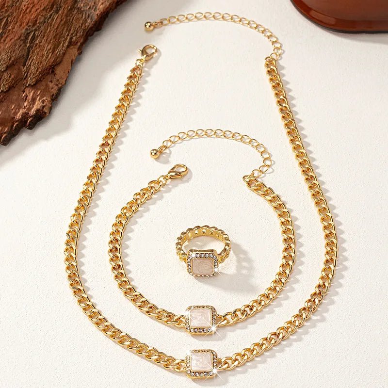 Cuban Square Diamond Jewelry Set – Necklace, Bracelet, and Ring with Adjustable Lengths in Black, White, or Red 8