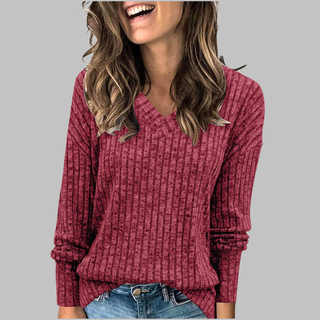 Women's Comfy V-Neck Long Sleeve Knit Top in Claret – front view | Hensley London