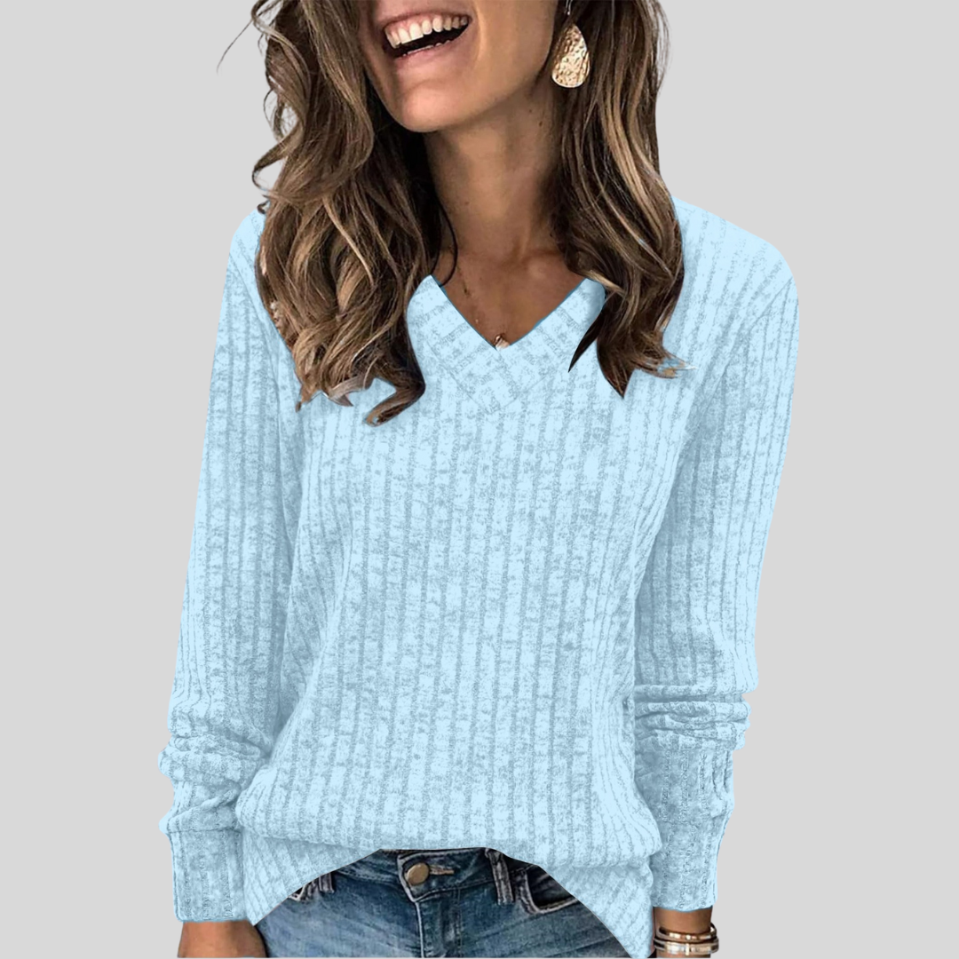 Women's Comfy V-Neck Long Sleeve Knit Top in Dark Blue – front view | Hensley London