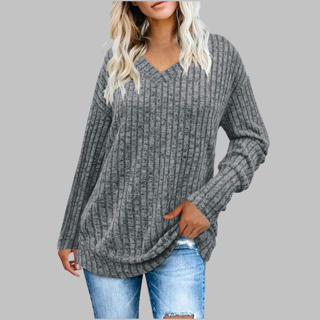 Women's Comfy V-Neck Long Sleeve Knit Top in Light Green – front view | Hensley London