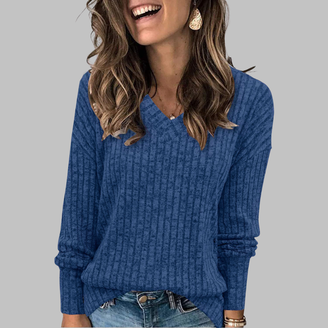 Women's Comfy V-Neck Long Sleeve Knit Top in Khaki – front view | Hensley London