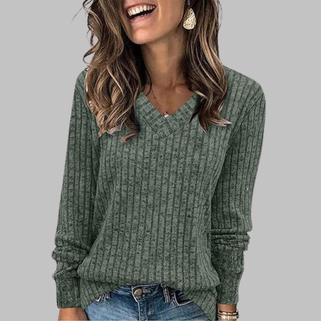Women's Comfy V-Neck Long Sleeve Knit Top in Green – front view | Hensley London