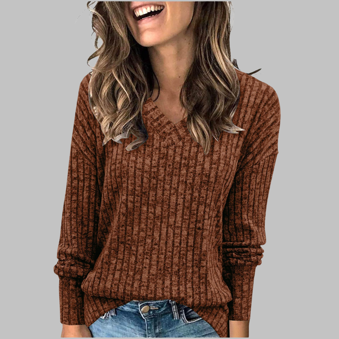 Women's Comfy V-Neck Long Sleeve Knit Top in Blue – front view | Hensley London
