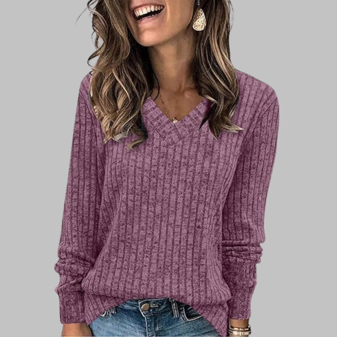 Women's Comfy V-Neck Long Sleeve Knit Top in Beige – front view | Hensley London