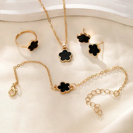 Dainty Floral Clover Jewelry Set - Elegant Necklace and Earring Set with Bracelet and Rings in Multiple Colors