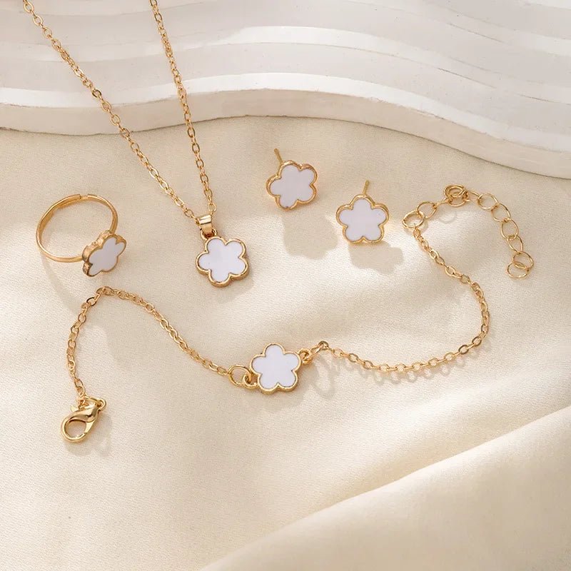 Dainty Floral Clover Jewelry Set - Elegant Necklace and Earring Set with Bracelet and Rings in Multiple Colors