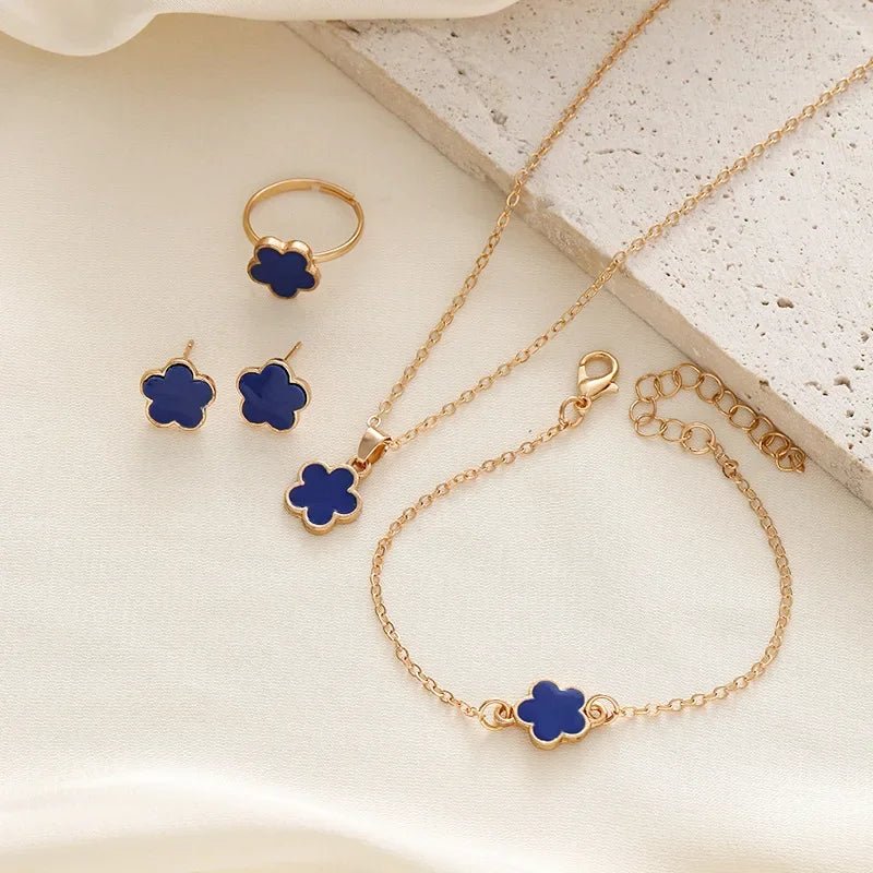 Dainty Floral Clover Jewelry Set - Elegant Necklace and Earring Set with Bracelet and Rings in Multiple Colors