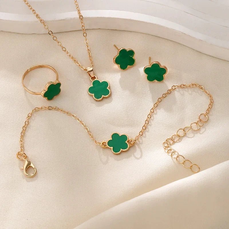 Dainty Floral Clover Jewelry Set - Elegant Necklace and Earring Set with Bracelet and Rings in Multiple Colors