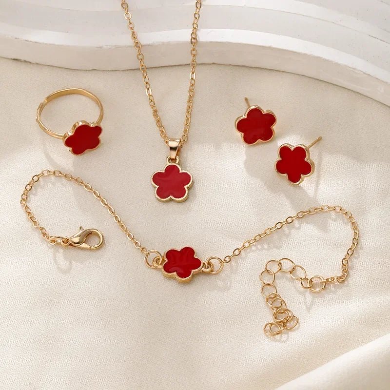 Dainty Floral Clover Jewelry Set - Elegant Necklace and Earring Set with Bracelet and Rings in Multiple Colors