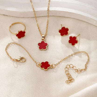 Dainty Floral Clover Jewelry Set - Elegant Necklace and Earring Set with Bracelet and Rings in Multiple Colors