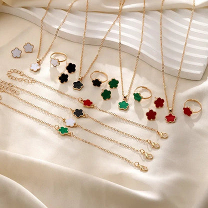 Dainty Floral Clover Jewelry Set - Elegant Necklace and Earring Set with Bracelet and Rings in Multiple Colors