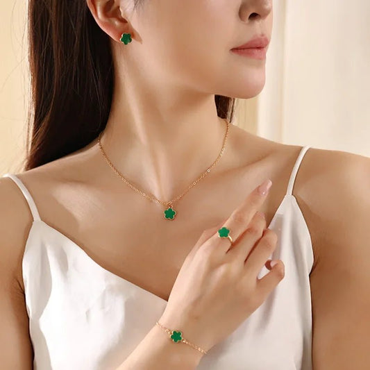 Dainty Floral Clover Jewelry Set for Women – Necklace, Bracelet, Earrings, and Rings in Multiple Colors 1