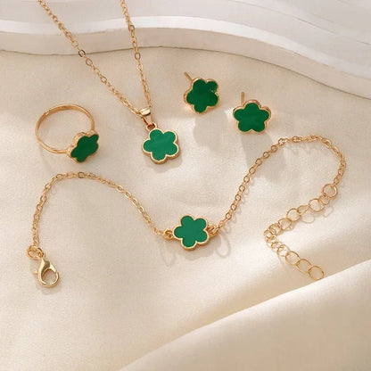 Dainty Floral Clover Jewelry Set for Women – Necklace, Bracelet, Earrings, and Rings in Multiple Colors 4