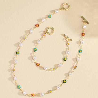 Dainty Floral Pearls Necklace and Bracelet Set for Women – Elegant Spring Jewelry with Natural and Heart Shaped Pearls