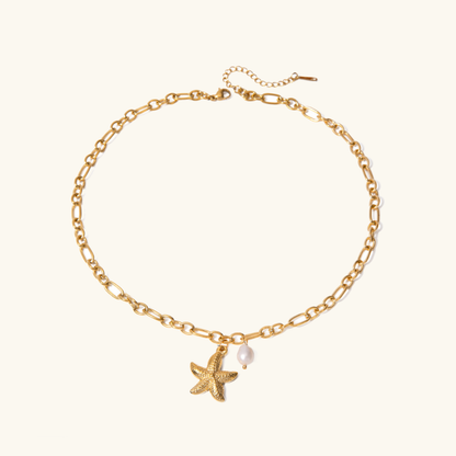 Dainty Gold Necklace with Starfish Pendant and Freshwater Pearl – Waterproof 18k Gold-Plated Chain for Women 0