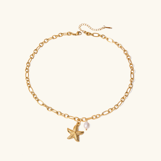 Dainty Gold Necklace with Starfish Pendant and Freshwater Pearl – Waterproof 18k Gold-Plated Chain for Women 0