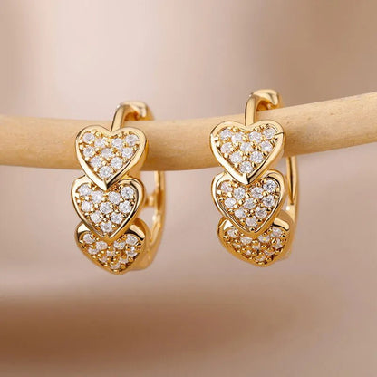 Women's Gold Hoop Earrings for Women with Heart Design and Diamond Accents - 1