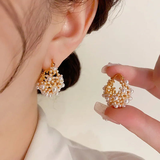 Dainty Pearl Hoop Earrings – Elegant Statement Jewelry in Gold or Silver – Stainless Steel and Copper Design 0