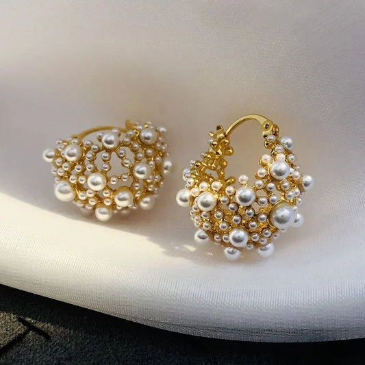Dainty Pearl Hoop Earrings – Elegant Statement Jewelry in Gold or Silver – Stainless Steel and Copper Design 1