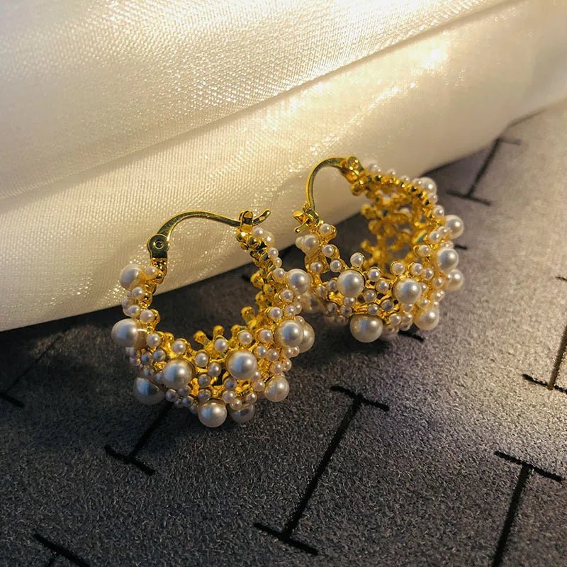 Dainty Pearl Hoop Earrings – Elegant Statement Jewelry in Gold or Silver – Stainless Steel and Copper Design 4
