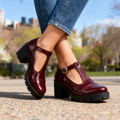 Women's Brogue T-Strap Platform Mary Jane Shoes – product view | Hensley London