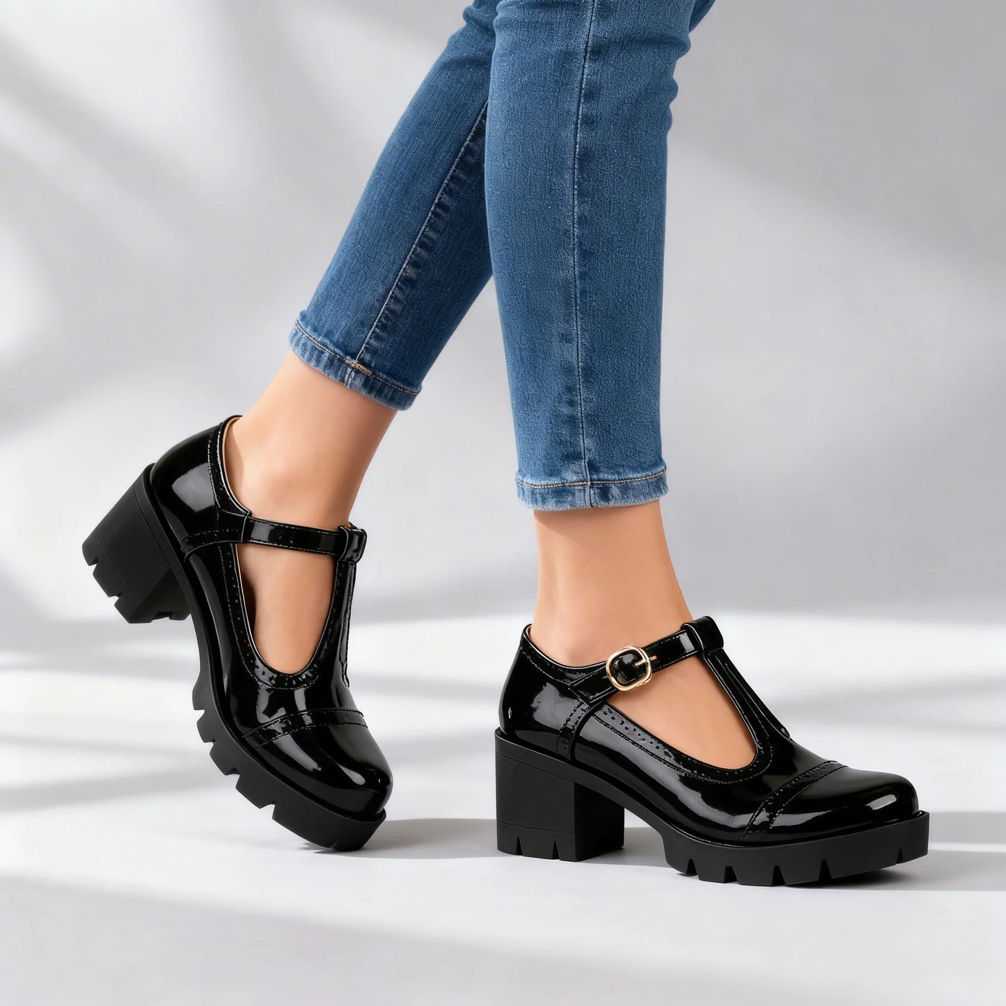 Women's Brogue T-Strap Platform Mary Jane Shoes in Black – additional product view | Hensley London