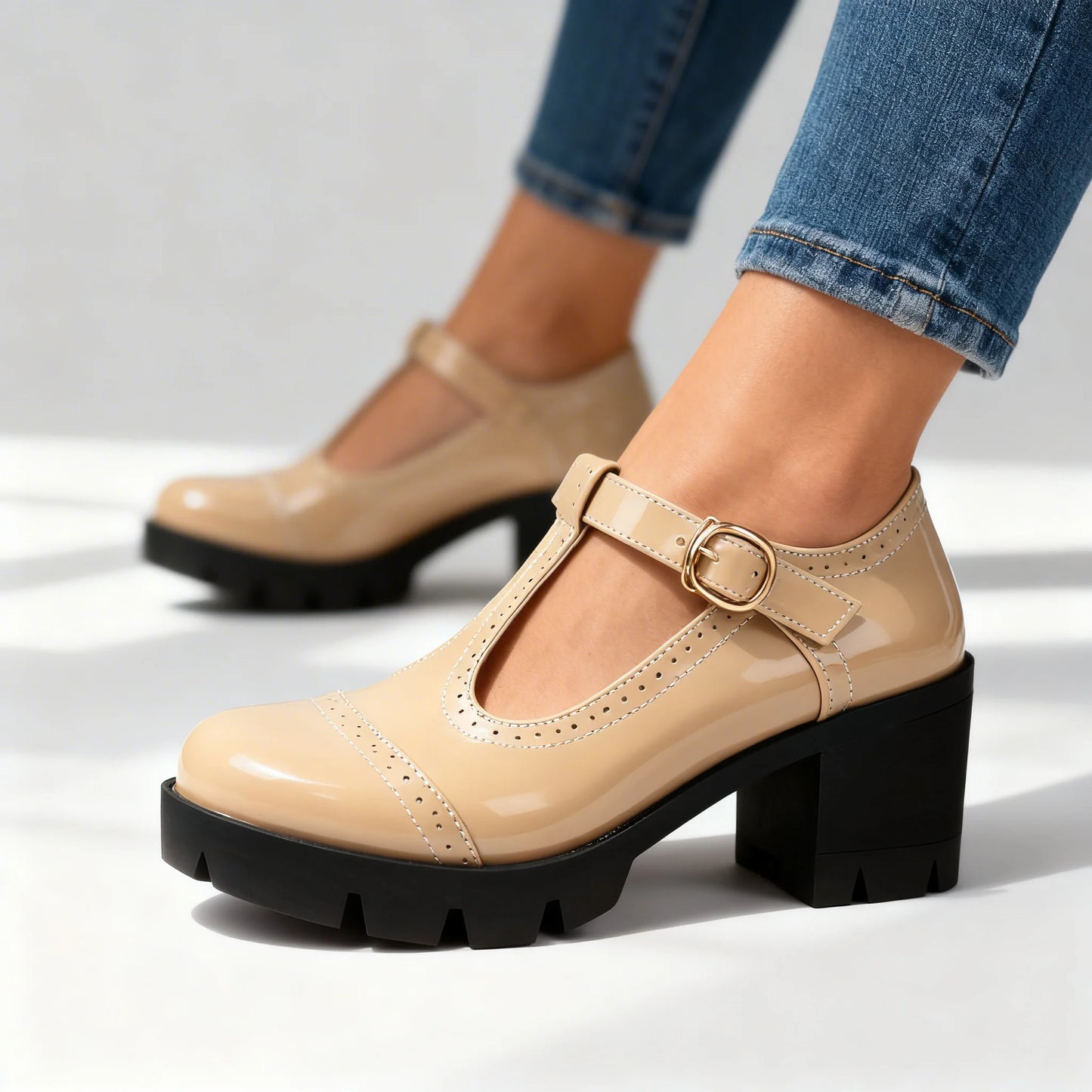 Women's Brogue T-Strap Platform Mary Jane Shoes in Beige – additional product view | Hensley London