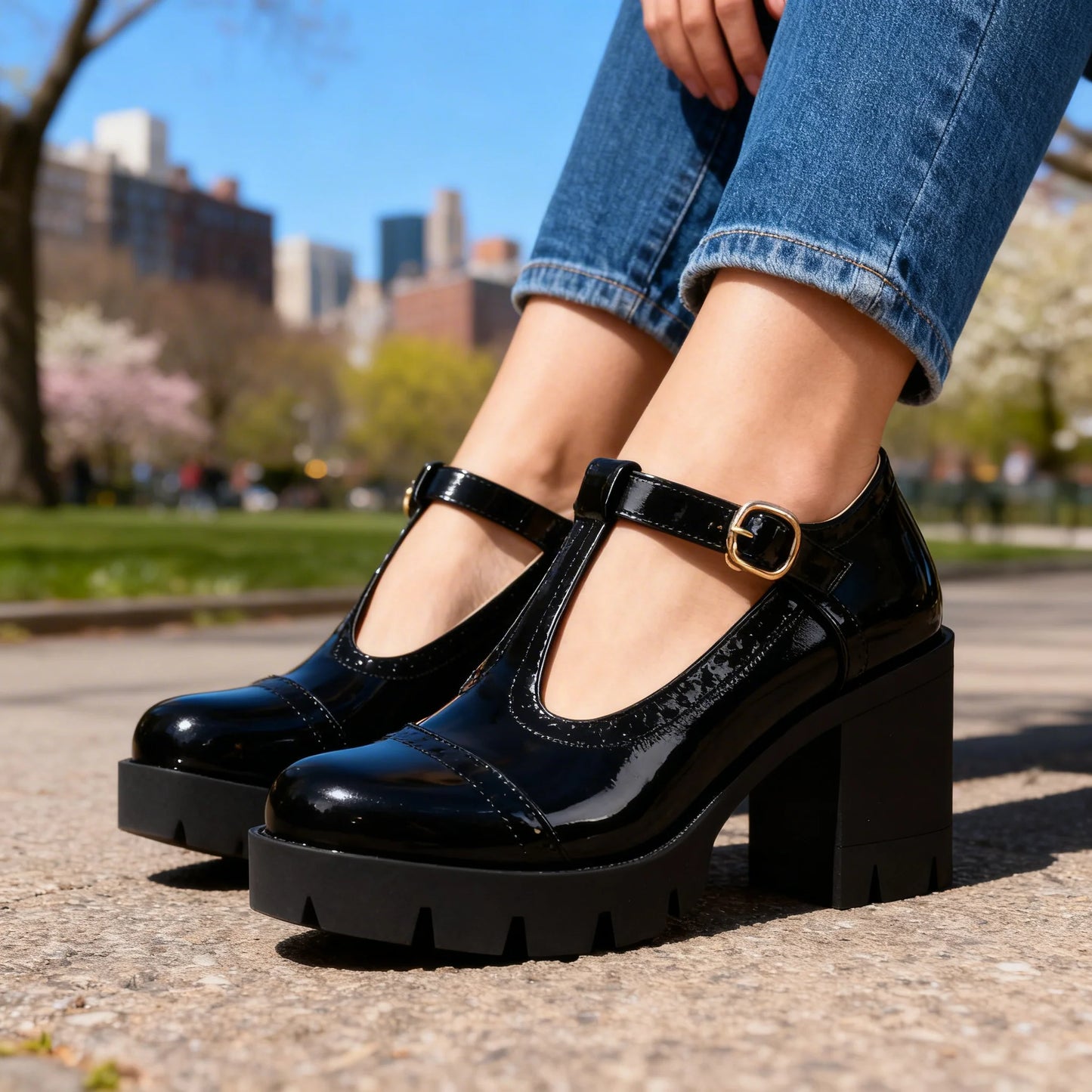 Women's Brogue T-Strap Platform Mary Jane Shoes – additional product view | Hensley London