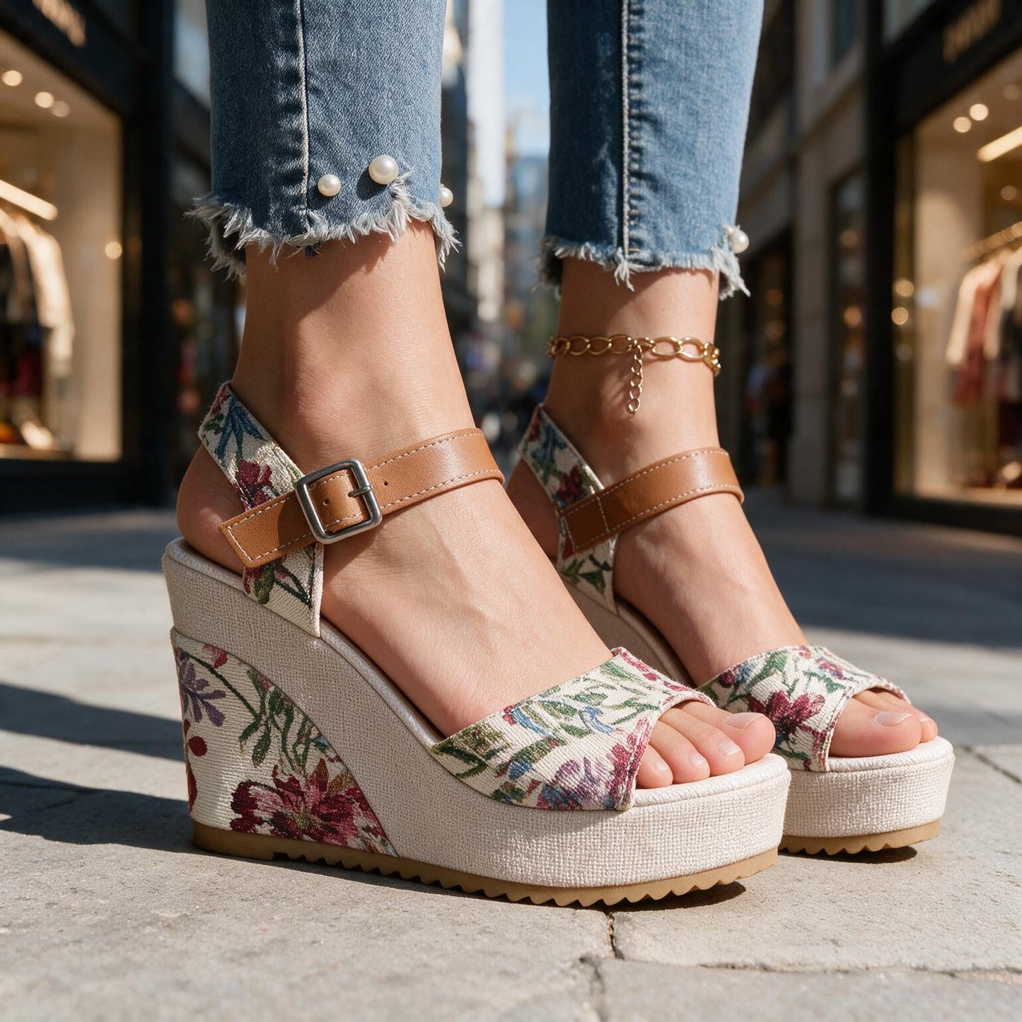 Women's Patterned Buckle Platform Heels – styled view | Hensley London