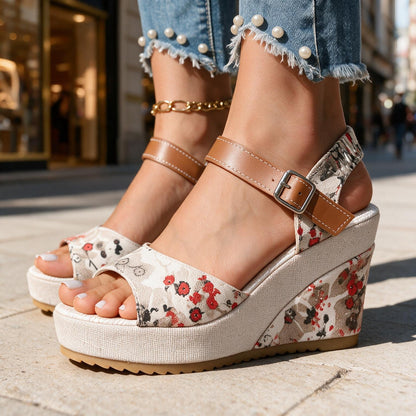 Women's Patterned Buckle Platform Heels – angle view | Hensley London