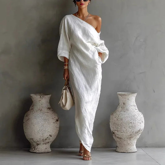 Women's Linen One-Shoulder Maxi Dress – studio view 1 | Hensley London