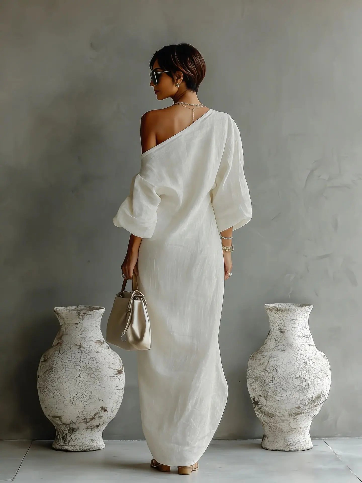 Women's Linen One-Shoulder Maxi Dress – studio view 3 | Hensley London