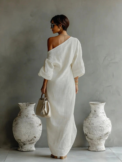 Women's Linen One-Shoulder Maxi Dress – studio view 3 | Hensley London